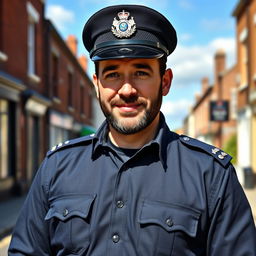 A handsome dark-haired middle-aged British police inspector in a crisp uniform, standing confidently with a slight smile