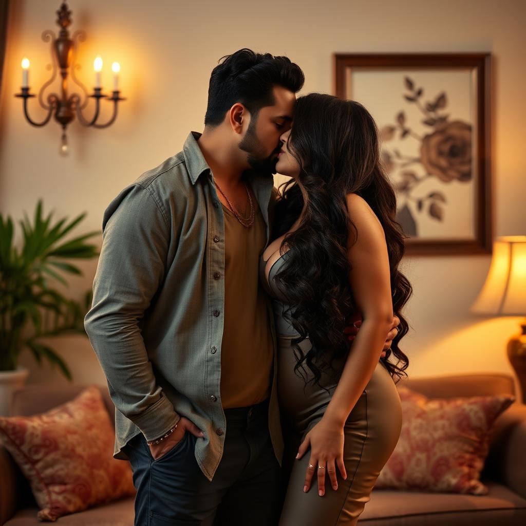 A very sexy Indian woman, tall and voluptuous with significant curves, passionately kissing her husband in a romantic setting