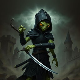 A mouthless green alien with smooth, elongated features and ominous glowing eyes, clad in a dark, intricately designed medieval armor that reflects a sinister aura