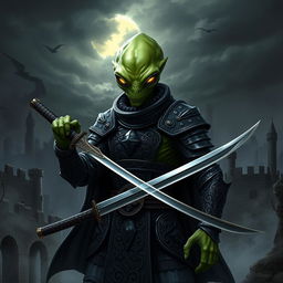 A mouthless green alien with smooth, elongated features and ominous glowing eyes, clad in a dark, intricately designed medieval armor that reflects a sinister aura