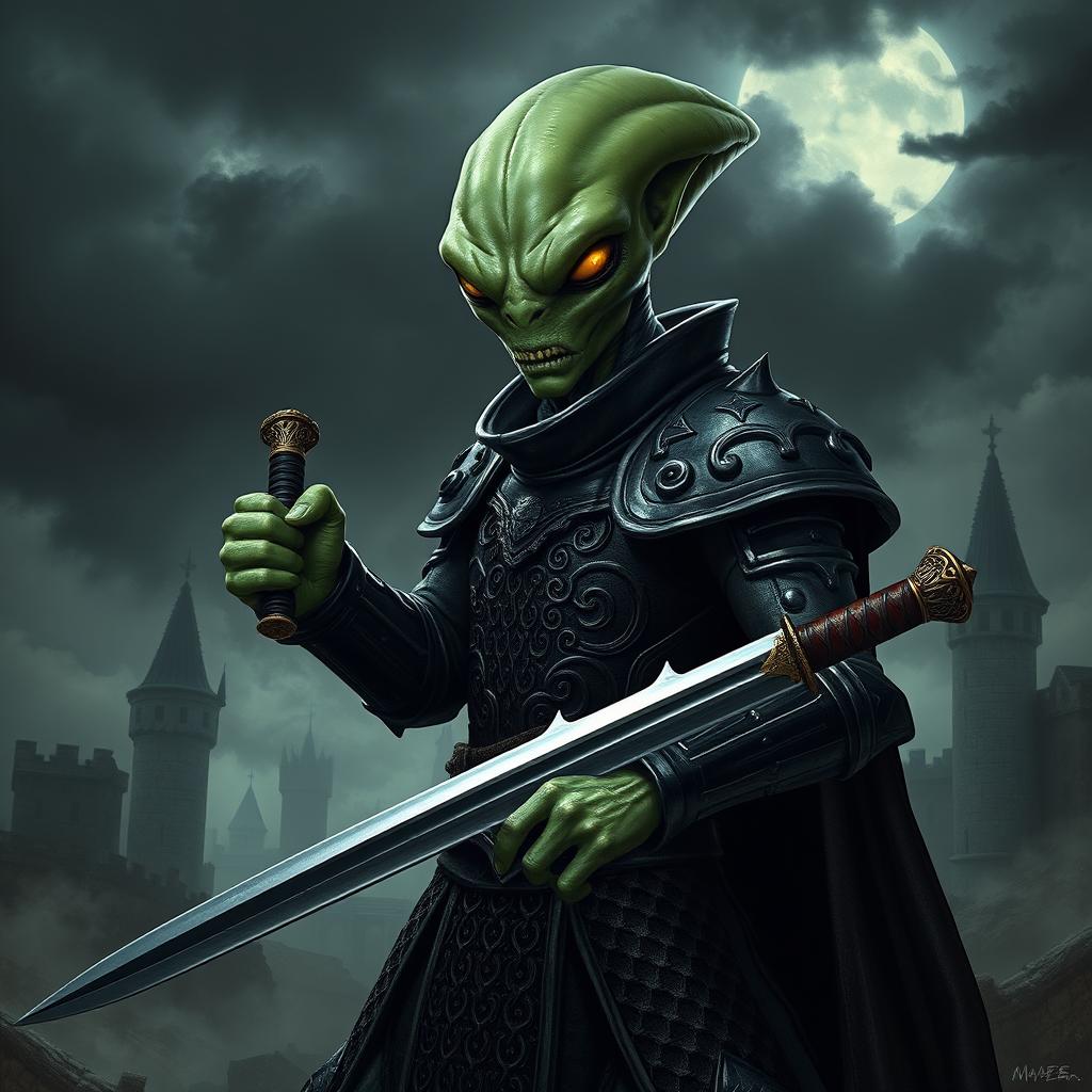 A mouthless green alien with smooth, elongated features and ominous glowing eyes, clad in a dark, intricately designed medieval armor that reflects a sinister aura