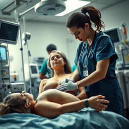 A dramatic scene depicting a medical environment inside an Intensive Care Unit (ICU)