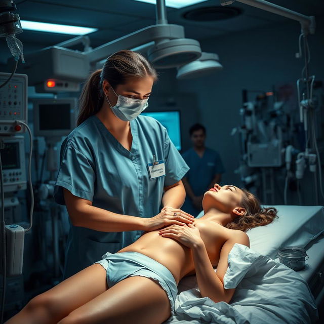 A dramatic scene depicting a medical environment inside an Intensive Care Unit (ICU)