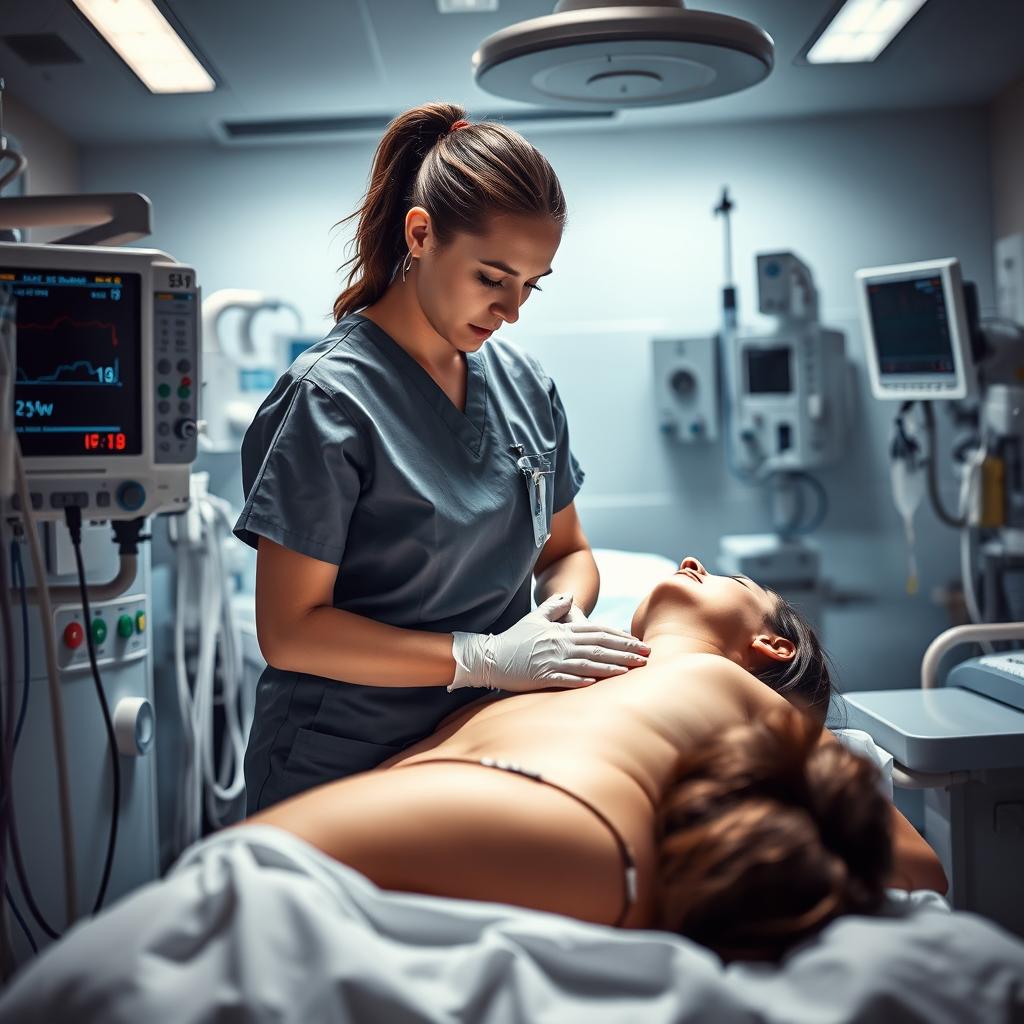 A dramatic scene depicting a medical environment inside an Intensive Care Unit (ICU)