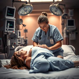 A dramatic scene depicting a medical environment inside an Intensive Care Unit (ICU)