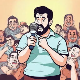 A lively stand-up comedy show, with a comedian holding a microphone on a dimly-lit stage, full of energy and humor, while a captivated audience laughs heartily