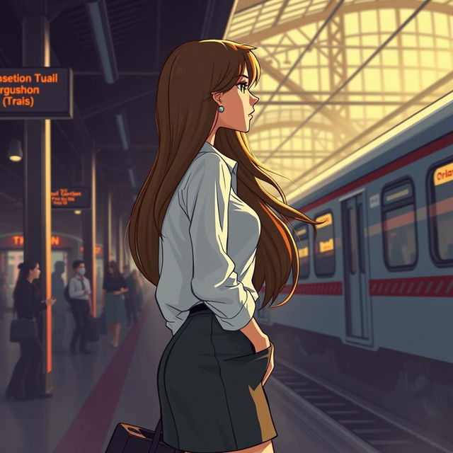 A dramatic, semi-cartoon styled image of a woman with long, flowing hair, standing alone at a train station while waiting for her train to arrive