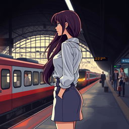 A dramatic, semi-cartoon styled image of a woman with long, flowing hair, standing alone at a train station while waiting for her train to arrive