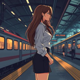 A dramatic, semi-cartoon styled image of a woman with long, flowing hair, standing alone at a train station while waiting for her train to arrive