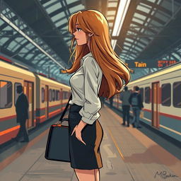 A dramatic, semi-cartoon styled image of a woman with long, flowing hair, standing alone at a train station while waiting for her train to arrive