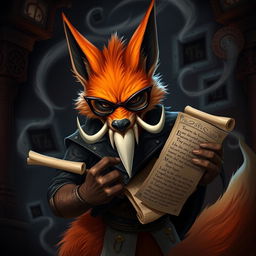 An evil humanoid fox demon, featuring vibrant orange fur and prominent white tusks that protrude menacingly from its mouth