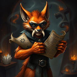 An evil humanoid fox demon, featuring vibrant orange fur and prominent white tusks that protrude menacingly from its mouth