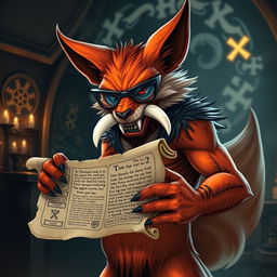 An evil humanoid fox demon, featuring vibrant orange fur and prominent white tusks that protrude menacingly from its mouth