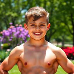 A young, charming boy with a muscular physique, showcasing his strength and vitality, with an infectious smile and bright eyes