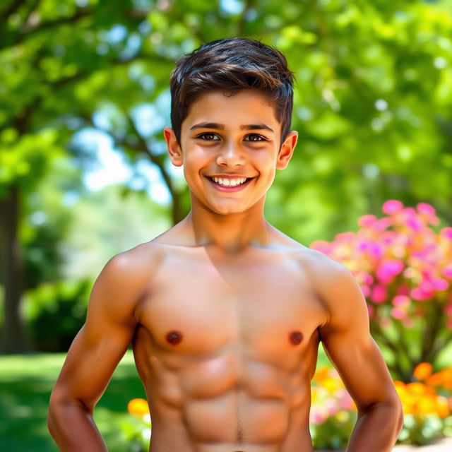 A young, charming boy with a muscular physique, showcasing his strength and vitality, with an infectious smile and bright eyes