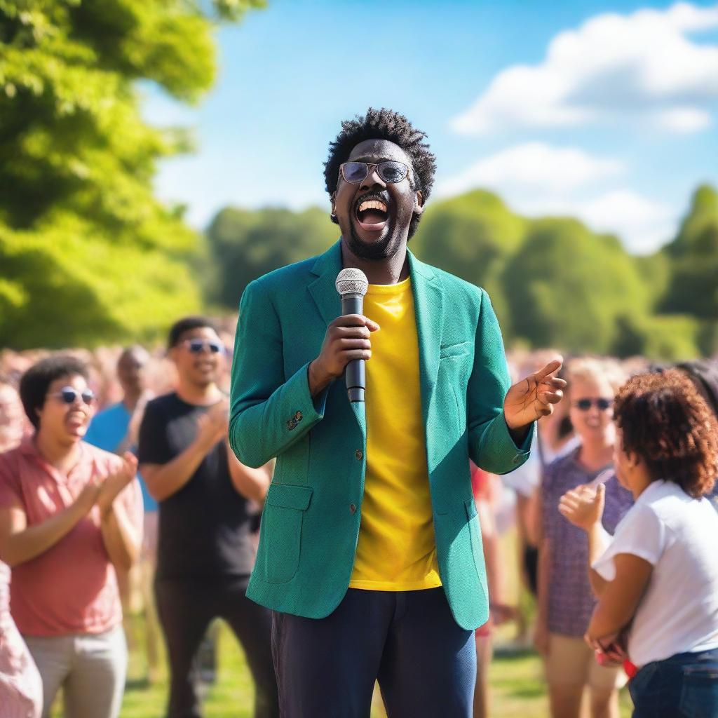 A vibrant outdoor stand-up comedy performance, with a charismatic comedian making jokes near a park, under a bright, sunny sky, with an enthusiastic crowd gathered around laughing and clapping