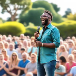 A vibrant outdoor stand-up comedy performance, with a charismatic comedian making jokes near a park, under a bright, sunny sky, with an enthusiastic crowd gathered around laughing and clapping