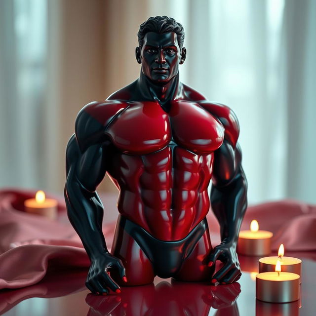 A striking rubber sex toy shaped like a muscular man's body, showcasing well-defined abs, strong arms, and a sculpted chest