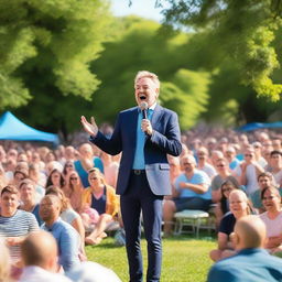 A vibrant outdoor stand-up comedy performance, with a charismatic comedian making jokes near a park, under a bright, sunny sky, with an enthusiastic crowd gathered around laughing and clapping