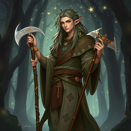 A full-body character design of a male half-elf druid, embodying a strong connection with stars and plants