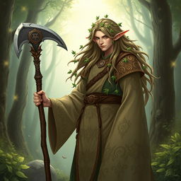 A full-body character design of a male half-elf druid, embodying a strong connection with stars and plants