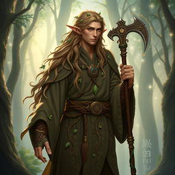 A full-body character design of a male half-elf druid, embodying a strong connection with stars and plants