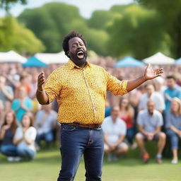 A vibrant outdoor stand-up comedy performance, with a charismatic comedian making jokes near a park, under a bright, sunny sky, with an enthusiastic crowd gathered around laughing and clapping