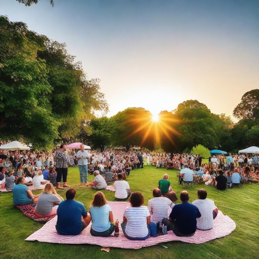 An engaging stand-up comedy show taking place outdoors, with the comedian delivering punchlines on a makeshift stage set against a beautiful sunset, a jubilant crowd laughingly gathered on picnic blankets and lawn chairs