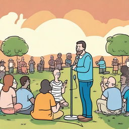 An engaging stand-up comedy show taking place outdoors, with the comedian delivering punchlines on a makeshift stage set against a beautiful sunset, a jubilant crowd laughingly gathered on picnic blankets and lawn chairs