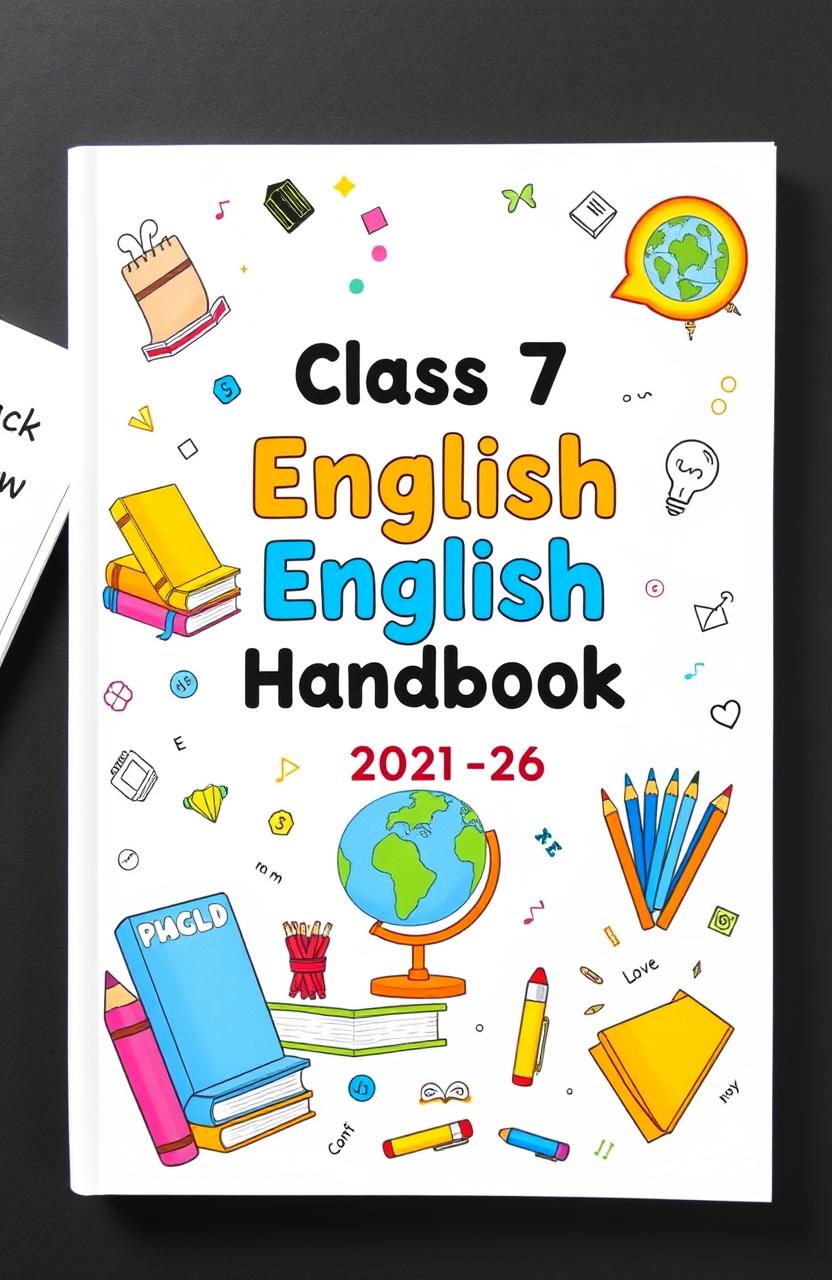 A creative and educational cover design for a class 7th English handbook for the session 2025-26