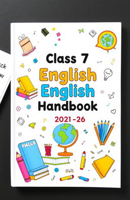 A creative and educational cover design for a class 7th English handbook for the session 2025-26