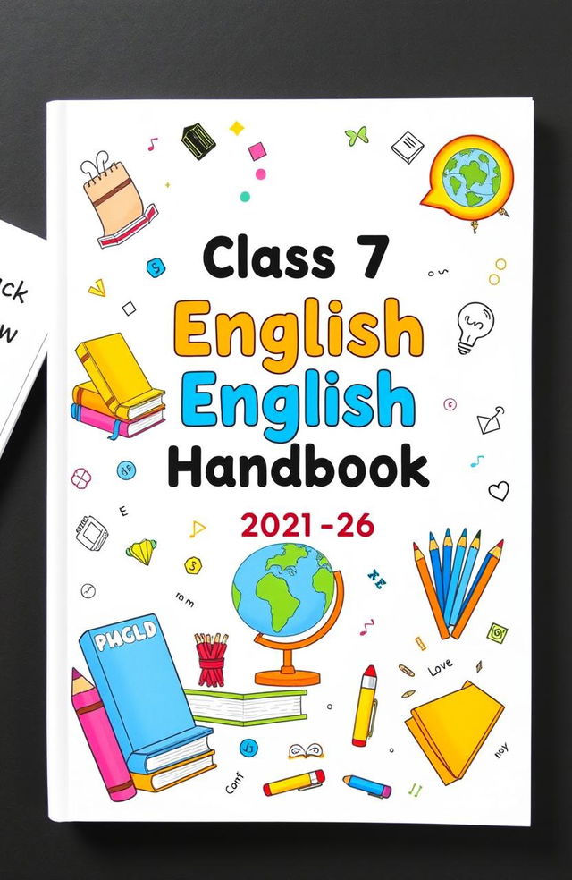 A creative and educational cover design for a class 7th English handbook for the session 2025-26