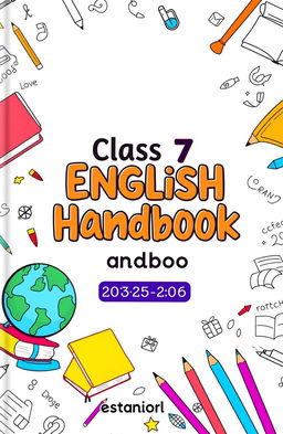 A creative and educational cover design for a class 7th English handbook for the session 2025-26