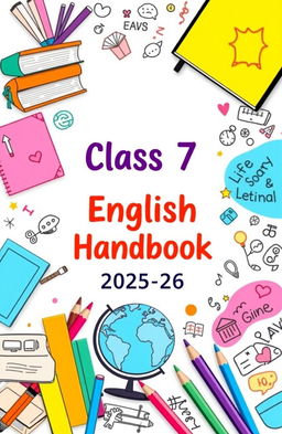 A creative and educational cover design for a class 7th English handbook for the session 2025-26
