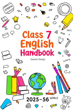 A creative and educational cover design for a class 7th English handbook for the session 2025-26