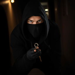 A man dressed like a thief, wearing all black clothing including a hoodie and mask, holding a set of keys in his hand