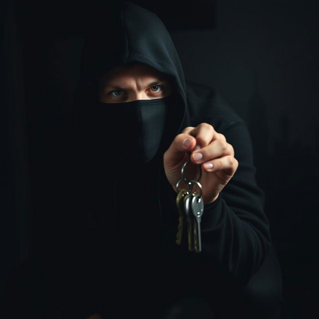 A man dressed like a thief, wearing all black clothing including a hoodie and mask, holding a set of keys in his hand