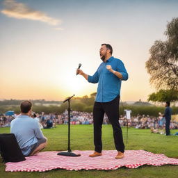 An engaging stand-up comedy show taking place outdoors, with the comedian delivering punchlines on a makeshift stage set against a beautiful sunset, a jubilant crowd laughingly gathered on picnic blankets and lawn chairs