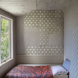 A cozy 6x4 bedroom featuring intricate ceramic wall designs to accentuate the room's homely charm.