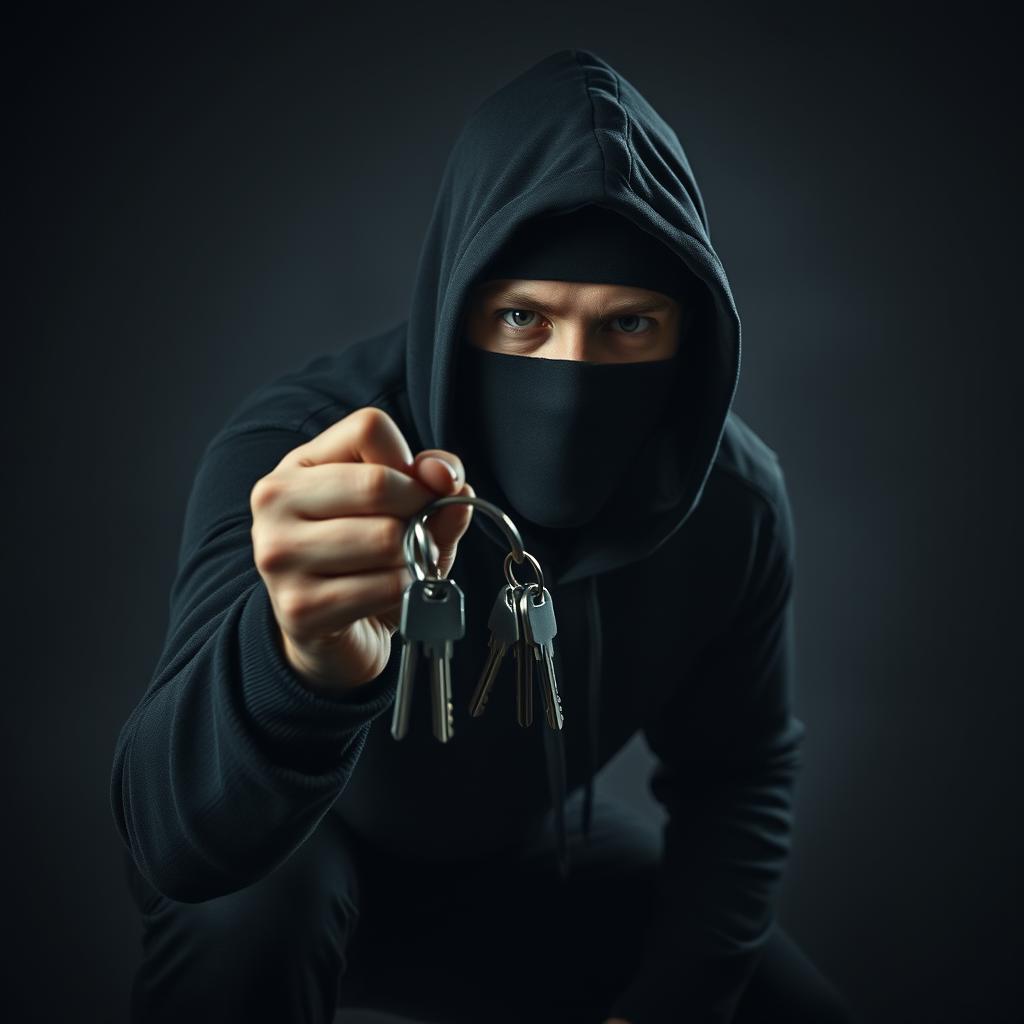 A man dressed like a thief, wearing all black clothing including a hoodie and mask, holding a set of keys in his hand