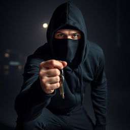 A man dressed like a thief, wearing all black clothing including a hoodie and mask, holding a set of keys in his hand