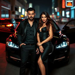 A glamorous couple exuding a sense of mystery and allure, standing confidently in front of a sleek, modern Jaguar XF