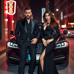 A glamorous couple exuding a sense of mystery and allure, standing confidently in front of a sleek, modern Jaguar XF