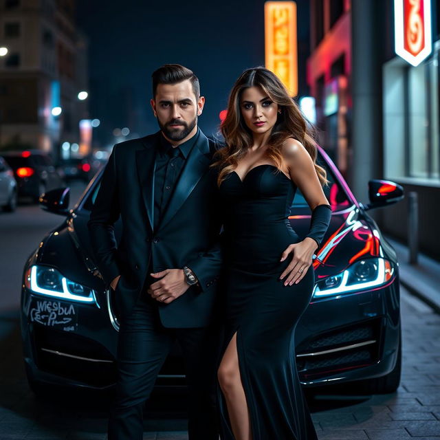 A glamorous couple exuding a sense of mystery and allure, standing confidently in front of a sleek, modern Jaguar XF