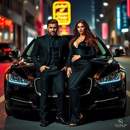 A glamorous couple exuding a sense of mystery and allure, standing confidently in front of a sleek, modern Jaguar XF