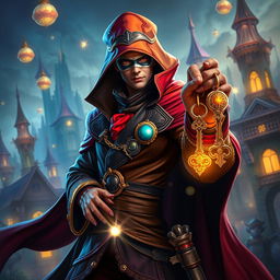 A fantastic depiction of a man dressed like a thief, in an elaborate costume with vibrant colors and intricate details