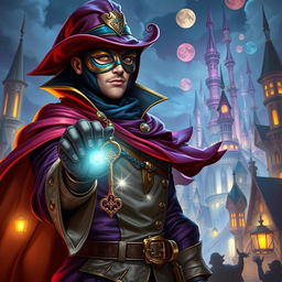A fantastic depiction of a man dressed like a thief, in an elaborate costume with vibrant colors and intricate details