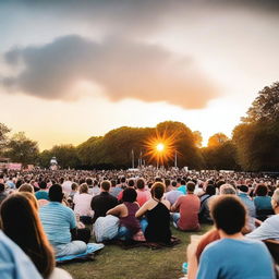 An engaging stand-up comedy show taking place outdoors, with the comedian delivering punchlines on a makeshift stage set against a beautiful sunset, a jubilant crowd laughingly gathered on picnic blankets and lawn chairs