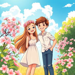 A vibrant and romantic cover illustration featuring a boy and a girl together, smiling and enjoying each other's company