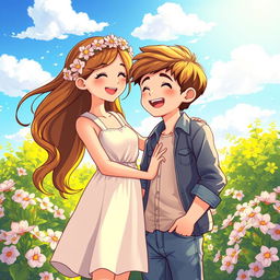 A vibrant and romantic cover illustration featuring a boy and a girl together, smiling and enjoying each other's company
